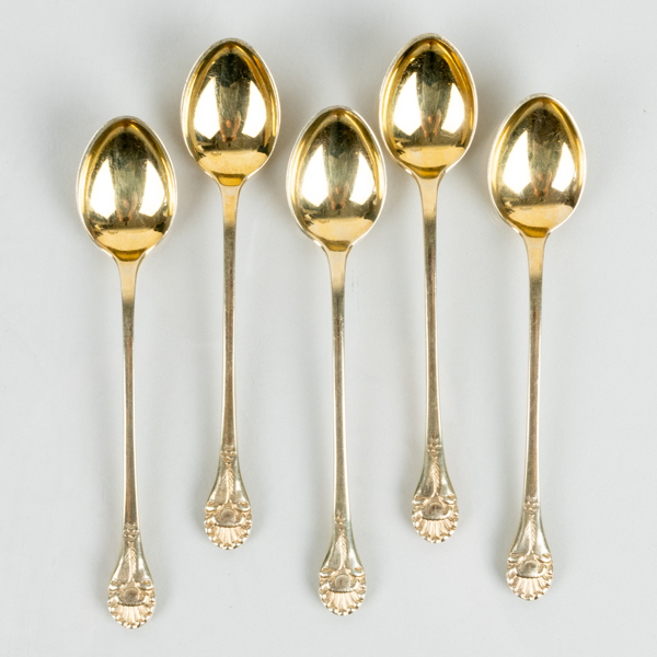 KAFFESKEDAR, 5 st, förgyllt silver, CG Hallberg, Stockholm 1933, tot. vikt ca 45 g
