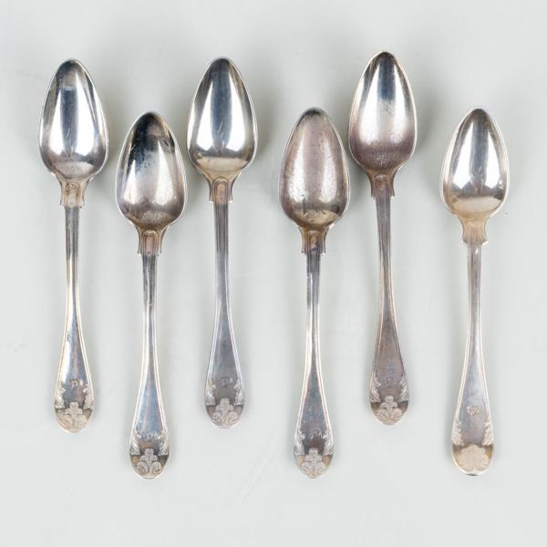 KAFFESKEDAR, 6 st, silver, gammalfransk modell, 1800-talets andra hälft, tot vikt ca 120 g