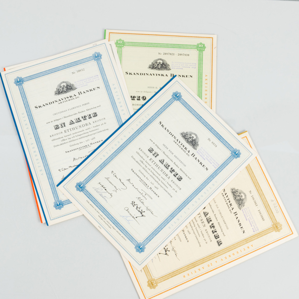 AKTIEBREV, 5 st, Skandinaviska Banken Aktiebolag, 1950-tal