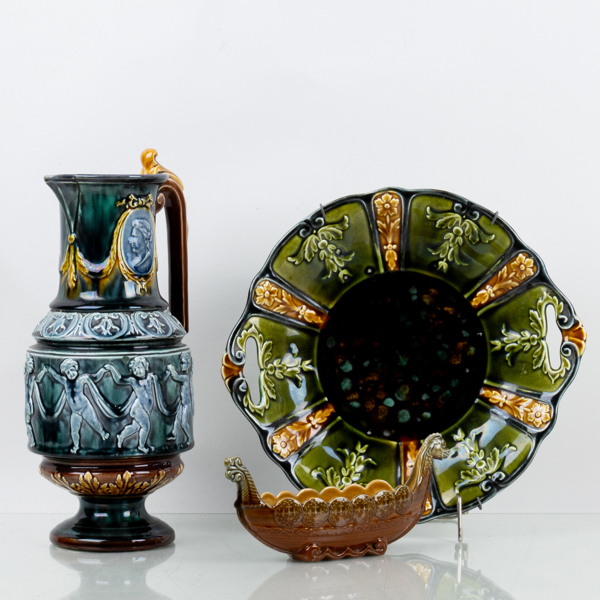 BRINGARE, SKÅL OCH GREPFAT, 3 del, majolika, bla Rörstrand, omkring år 1900