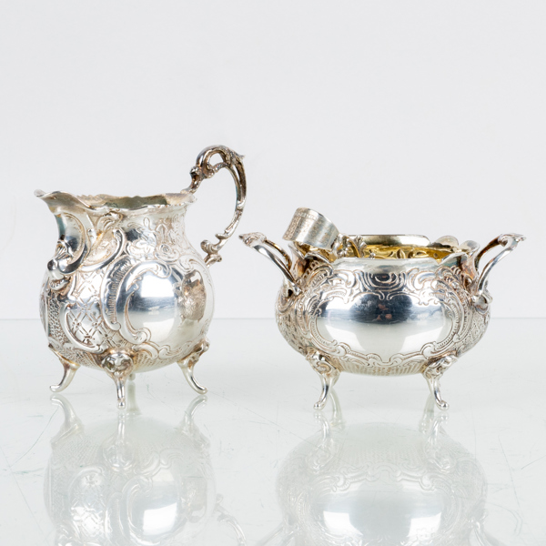 GRÄDDKANNA OCH SOCKERSKÅL MED TÅNG, silver, GEWE, 1950-tal, tot vikt ca 285 g