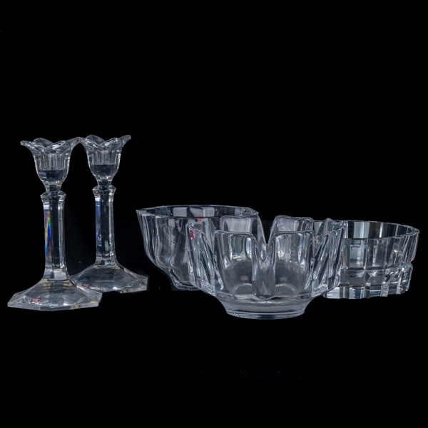 SKÅLAR SAMT LJUSSTAKAR, 5 del, glas, Orrefors, 1900-talets andra hälft