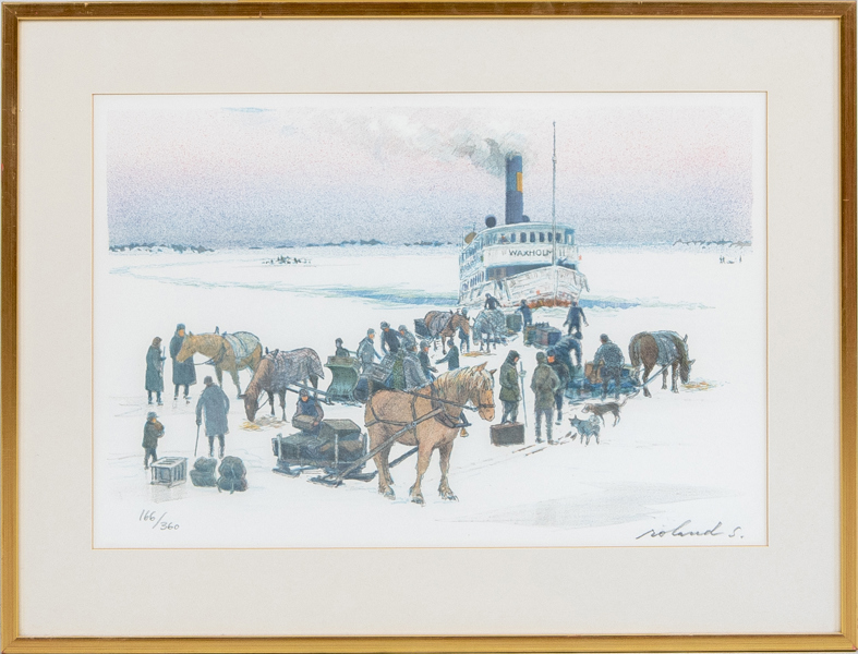   ROLAND SVENSSON, färglitografi, "Möte på isen", signerad och numrerad 166/360