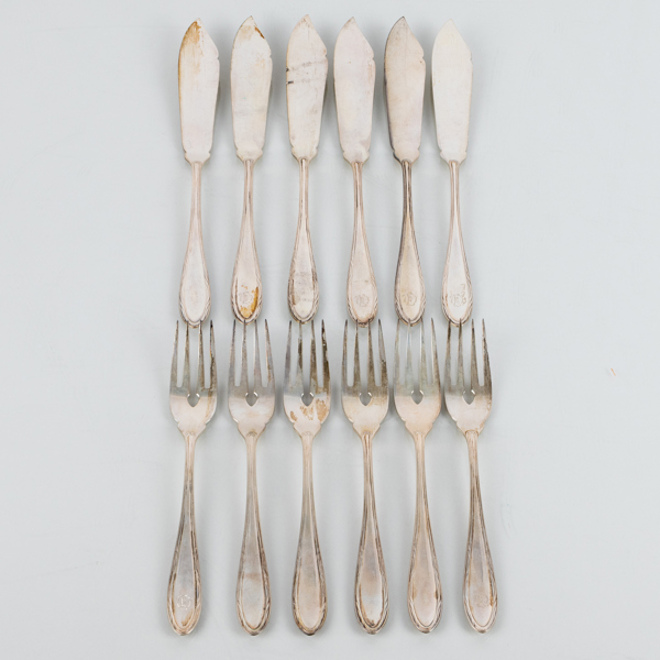 FISKBESTICK, 12 del, silver, svenska stämplar KA 1929, tot vikt ca 560 g