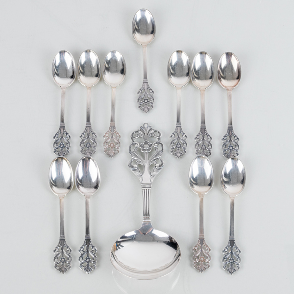 SUPSKED SAMT KAFFESKEDAR, 10 st, silver, 1900-tal, tot vikt ca 155 g