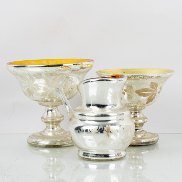 MJÖLKKANNA OCH SKÅLAR, 3 del, glas, sk fattigmanssilver, 1800-tal