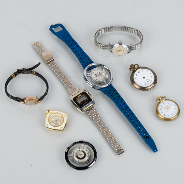 FICKUR OCH ARMBANDSUR, 8 st, metall, bla SAAB, Eiger och Inventio, 1900-tal