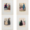 MODEPLANSCHER, 4 st, kolorerade grafiska blad, 1800-/1900-tal