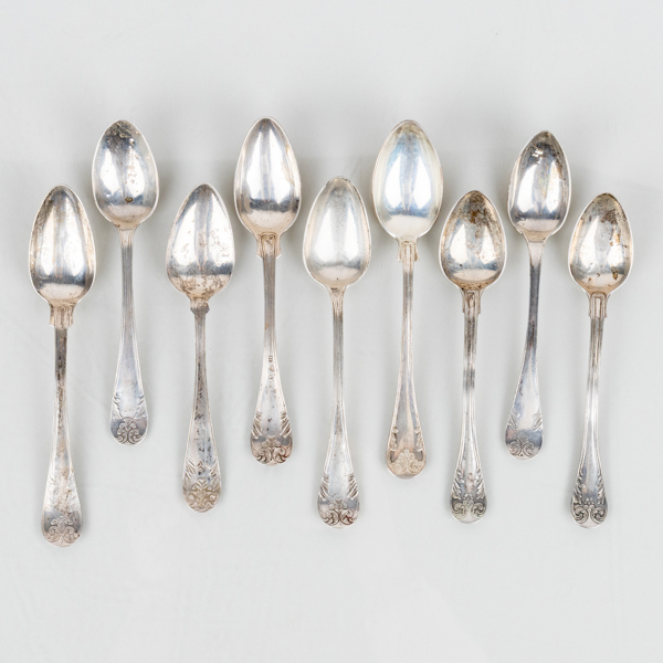 KAFFESKEDAR, 9 st snarlika, silver, 1800-tal, tot vikt ca 120 g