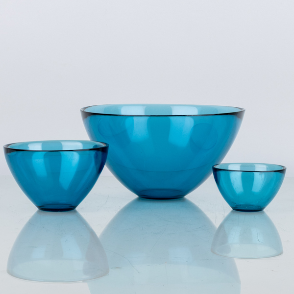 SVEN PALMQVIST, 3 st skålar, glas, "Fuga", Orrefors, 1900-talets mitt