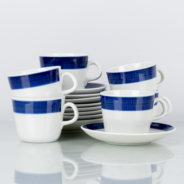 HERTHA BENGTSSON, 6 st, kaffekoppar med fat, "Koka Blå", Rörstrand, 1900-talets andra hälft