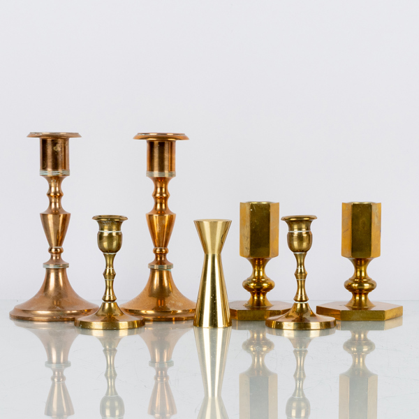LJUSSTAKAR, 7 st, mässing, bla Metallslöjden Gusum, 1900-tal