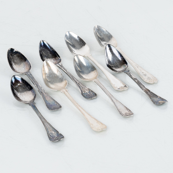KAFFESKEDAR, 8 st, silver, snarlika, 1800-tal