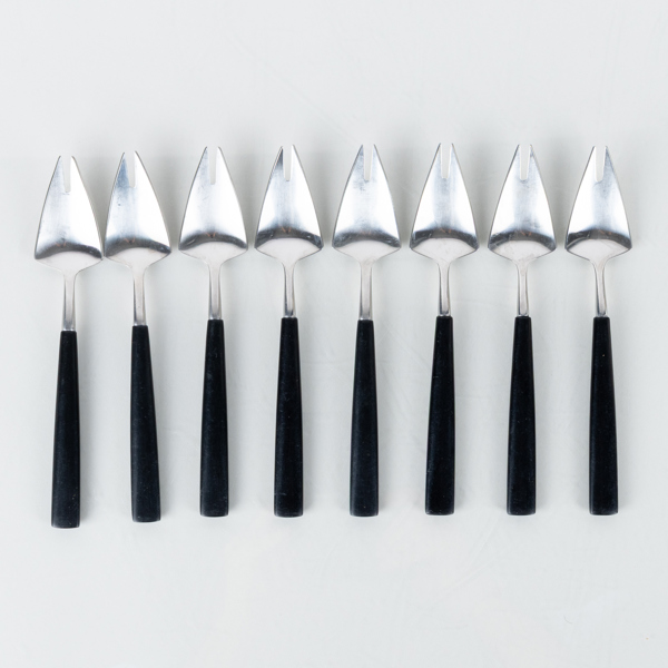 PIERRE FORSELL, 8 st, vickningsgafflar, rostfritt stål och bakelit, "Piruette", Gense, 1950-tal