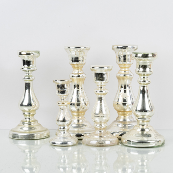 LJUSSTAKAR, 6 st, glas, sk fattigmanssilver, 1800-/1900-tal