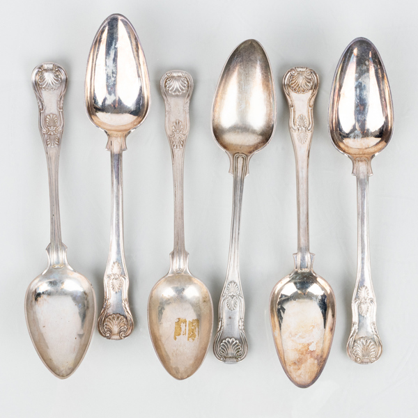 SKEDAR, 6 st, silver, "Engelsk snäck", bla Rosenblad, 1800-tal