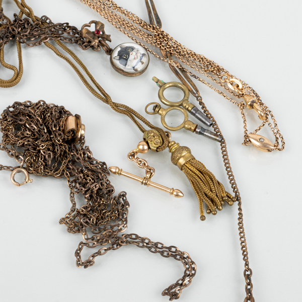 KLOCKKEDJOR, 5 st, gulmetall, 1800-/1900-tal