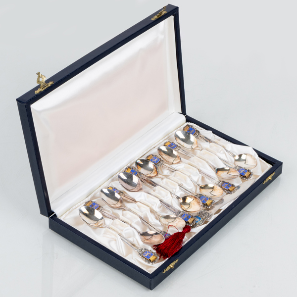 KAFFESKEDAR, 12 st, SAMT BREVKNIV, silver och emalj, MEMA, Lidköping 1950-tal