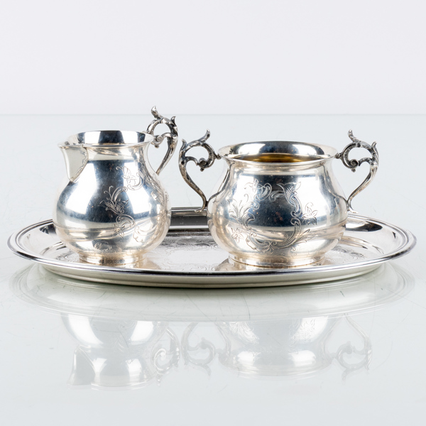 SOCKERSKÅL, GRÄDDKANNA SAMT BRICKA, silver, GAB, 1950