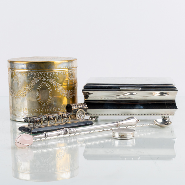 SAMLING FÖREMÅL, 6 st, nysilver, 1900-tal