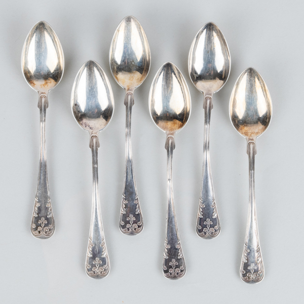 KAFFESKEDAR, 6 st, silver, modell franska liljan