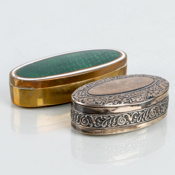 DOSOR, 2 st, silver, mässing och emalj, svenska importstämplar,1800-/1900-tal