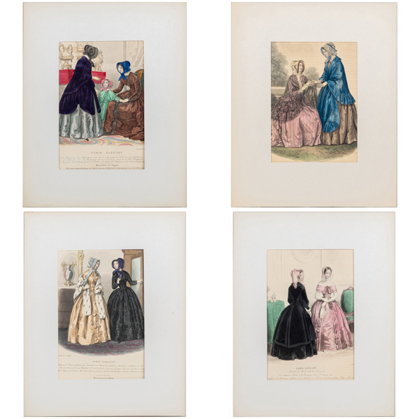 MODEPLANSCHER, 4 st, kolorerade grafiska blad, 1800-/1900-tal