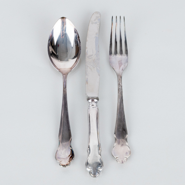 MATKNIV, MATGAFFEL OCH MATSKED, 3 del, silver, modell Chippendale, MGAB, bla 1953