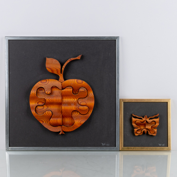 OIDENTIFIERAD KONSTNÄR, 2 st, väggskulpturer, trä, Börje Franzen hos Kanevad verkstad i gamla Linköping, monogramsignerad BF och daterad -81