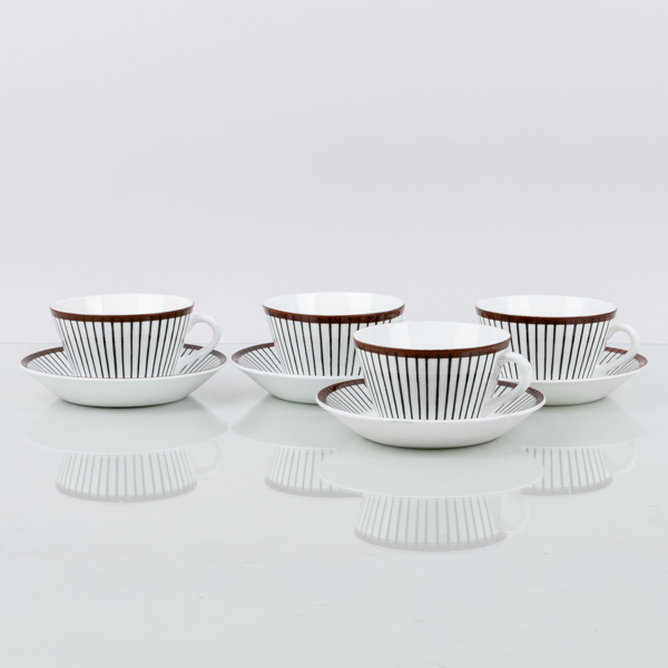 STIG LINDBERG, 4 st, kaffekoppar med fat, benporslin, "Spisa Ribb", Gustavsberg, 1900-talets mitt