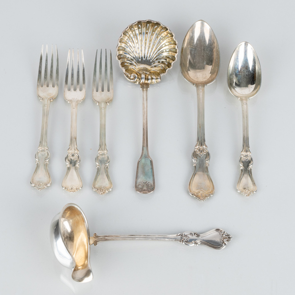 BESTICK, 7 st, silver, bla "Olga", bla Gustav Möllenborg, Stockholm, 1800-/1900-tal