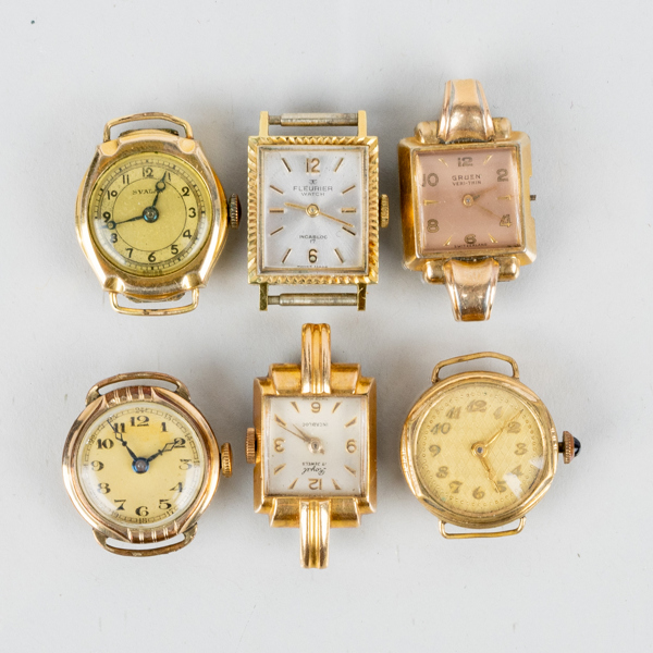ARMBANDSUR, 6 st, gulddoublé, bla Fleurier, Royal, Gruen, Svalan, 1900-tal