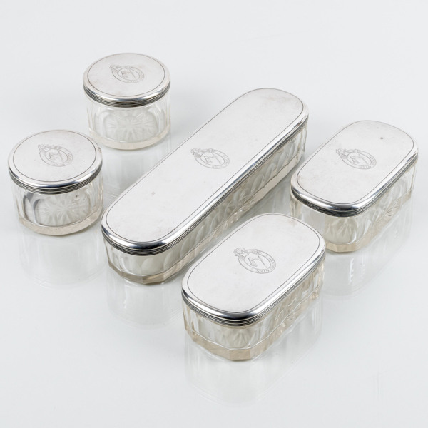 TOALETTSET, 5 del, glas och silver, svenska stämplr GM Stockholm, otydlig årsstämpel