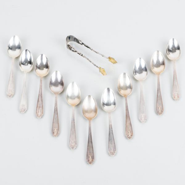 KAFFESEKDAR, 11 st samt sockertång, silver, GAB, 1950-tal