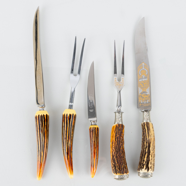 SERVERINGSBESTICK, 5 del, horn och rostfritt stål, Crown Crest England samt Rich.Abr. Herder Tyskland, 1900-talets andra hälft