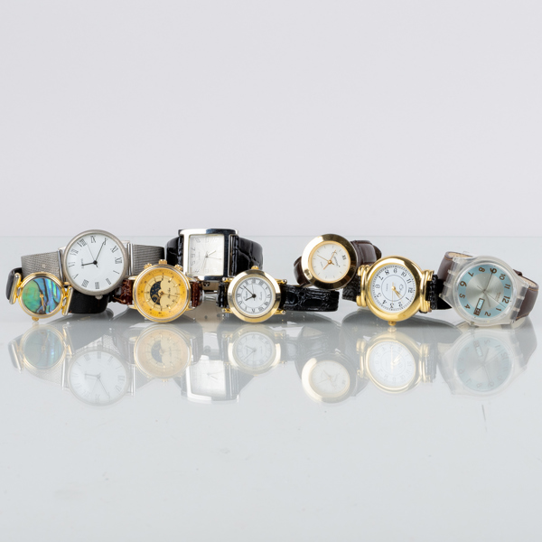 SAMLING ARMBANDSUR, 8 st, vit- och gulmetall, bla Swatch, Cassant, 1900-talets andra hälft