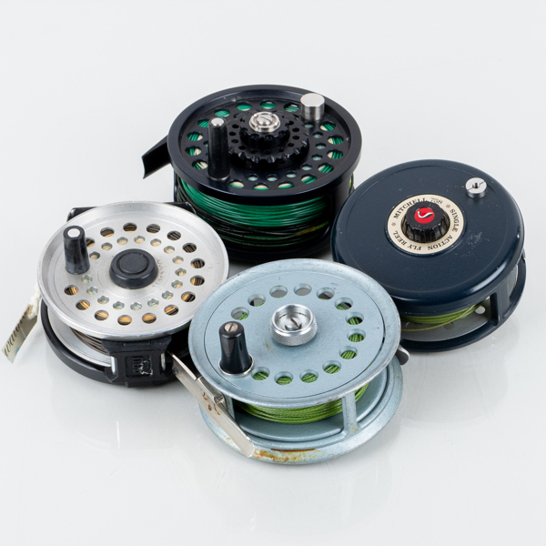 FISKERULLAR, 4 st, metall, bla ABU Diplomat 178, Doublé AB Urfabriken, Svänsta och Mitchell 758, 1900-tal