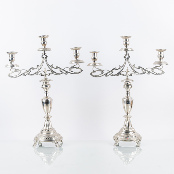 KANDELABRAR, 1 par, vitmetall, jugend, GAB TP, tidigt 1900-tal