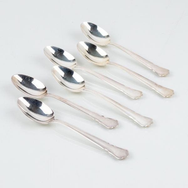 KAFFESKEDAR, 6 st, silver, "Chippendale", GAB, Stockholm 1959 och 1985