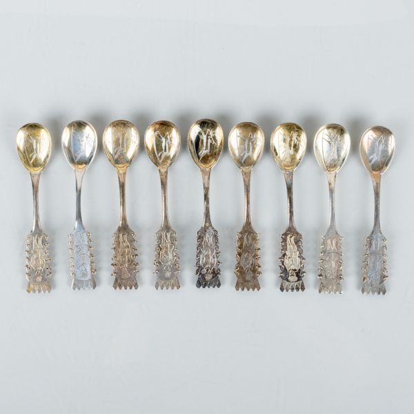 KAFFESKEDAR, 9 st, silver, tot vikt ca 121 g