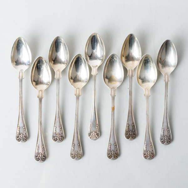 KAFFESKEDAR, 9 st, silver, "Gammalfransk", GAB, Stockholm 1917