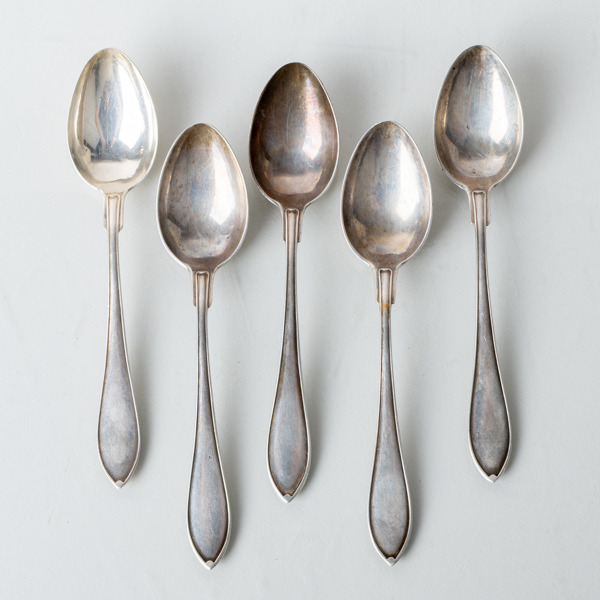 KAFFESKEDAR, 5 st, silver, "Svensk spets", CG Hallberg, Stockholm 1920