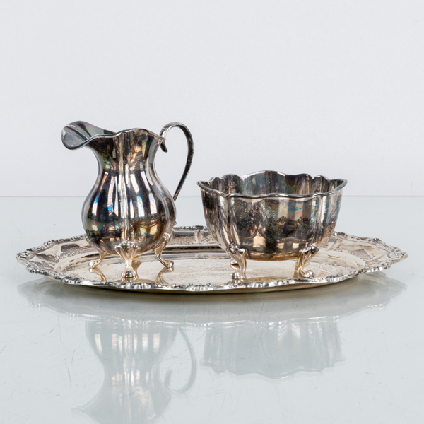 SOCKERSKÅL OCH GRÄDDKANNA MED FAT,, 3 del, silver, 1900-talets mitt