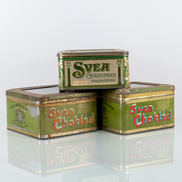 PLÅTBURKAR, 3 st, Svea Choklad, Norrköping, tidigt 1900-tal