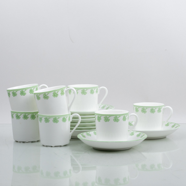 KAFFEKOPPAR MED FAT, 7 st, benporslin, "Gunnar", Gunnar Wennerberg, Gustavsberg, 1900-talets andra hälft