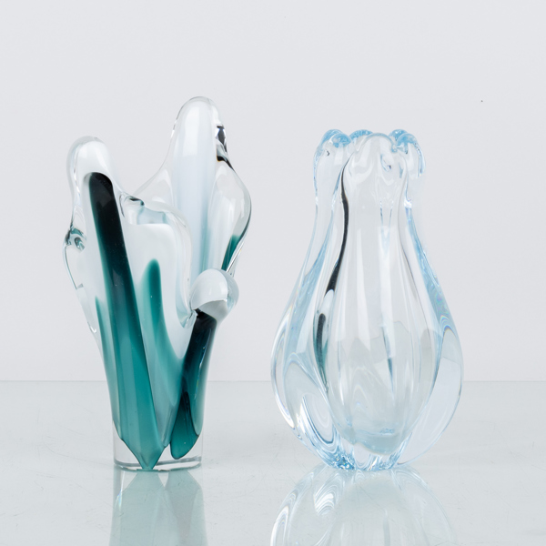 VASER, 2 st, glas, bla Coquille Flygsfors, 1900-talets mitt