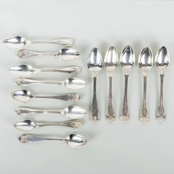KAFFESKEDAR, 13 st, snarlika, silver, 1800-tal