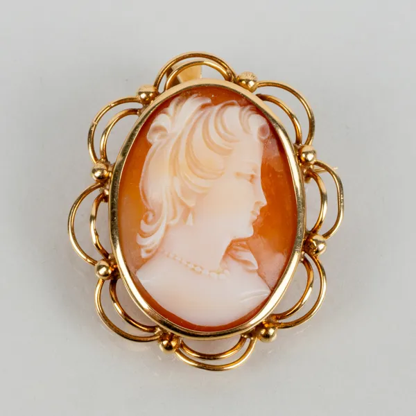 BROSCH / HÄNGE, snäckskalscamé, 18k guld