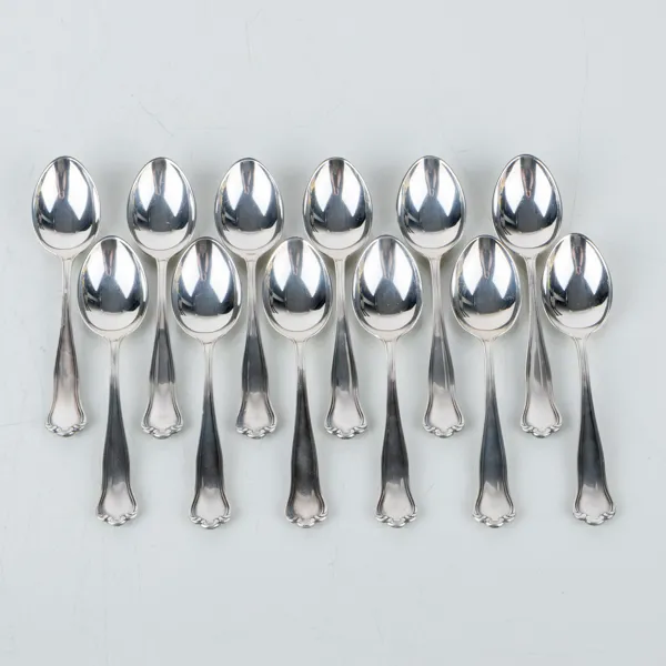 KAFFESKEDAR, 12 st, silver, "Kungsholm", Hallbergs, Stockholm 1950-tal