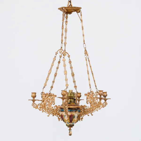 HÄNGFOTOGENLAMPA, bronserat gjutgods och majolika, 1800-talets andra hälft